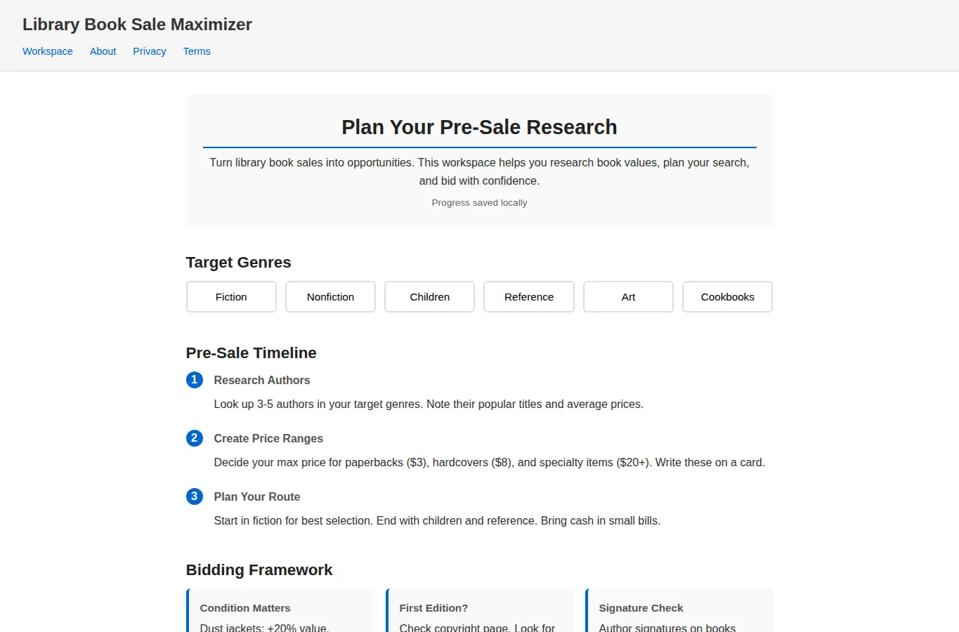 Screenshot of Library Book Sale Maximizer interface showing the project page in use